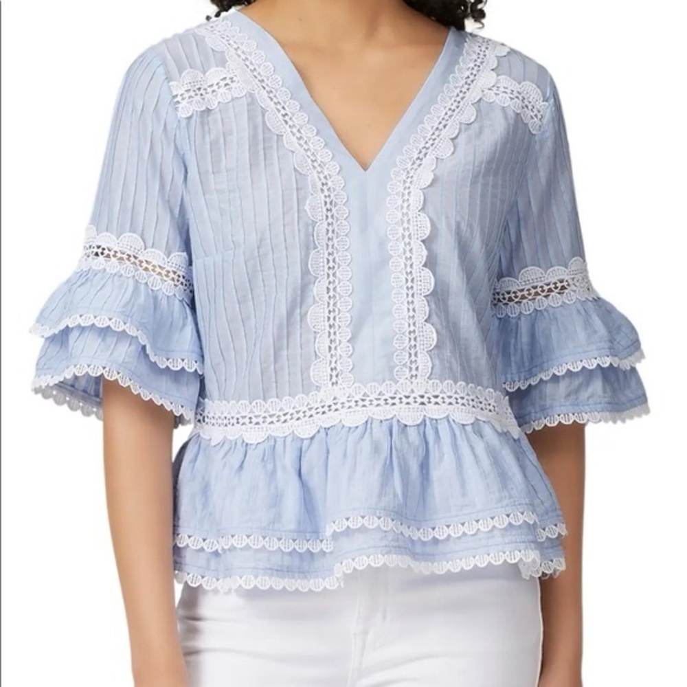 J. Crew Light Blue Blouse with White Lace Trim